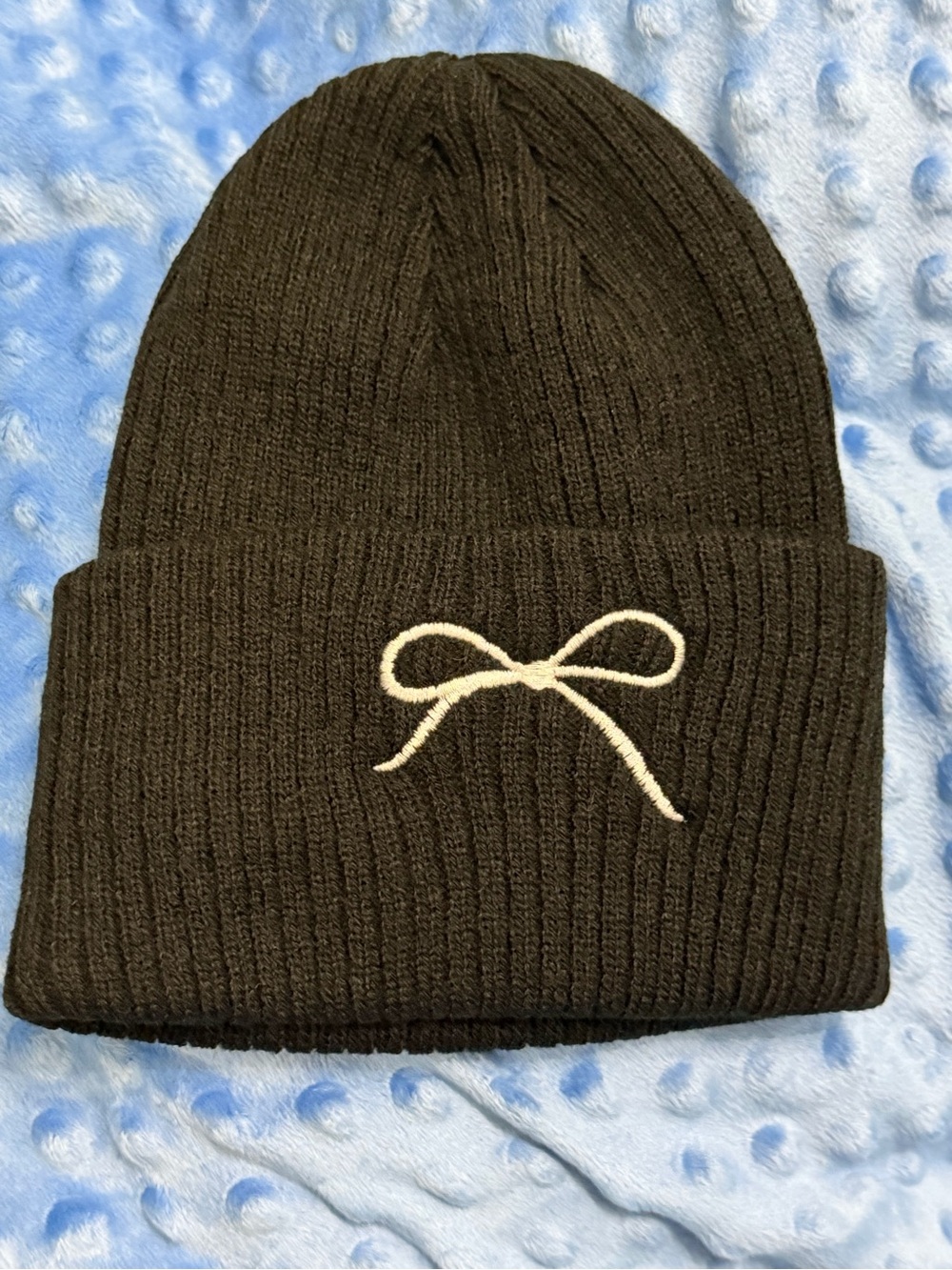 Black  Knit Beanie with White Bow Embroidery